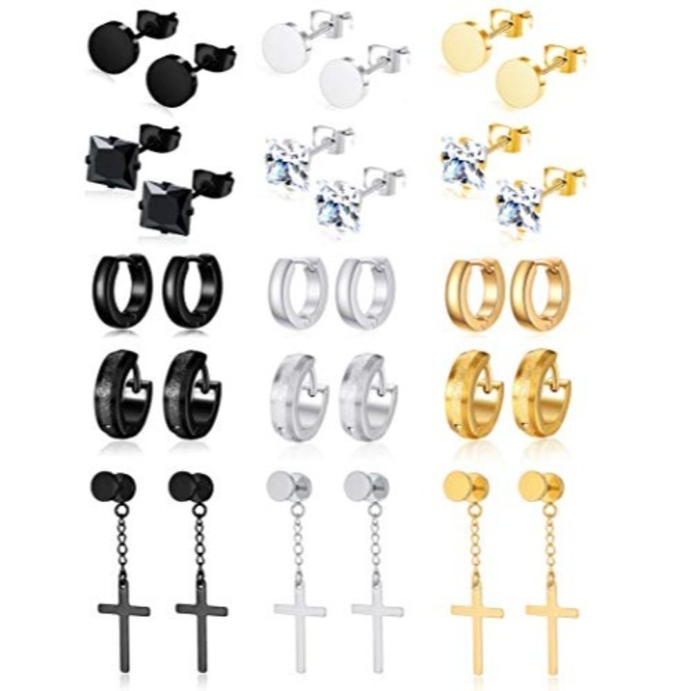 15 Pairs PUNK Stainless Steel Cross Dangle Hinged Earrings Hoop SET